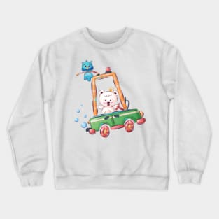 Bear driving a car with an Owl on top Crewneck Sweatshirt